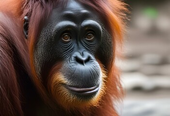 Monkey with orange fur in scrubland next to rocks, AI-generated.