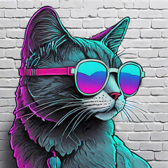 Fun neon retro cat in sunglasses against a brick wall. 
