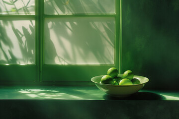 AI generated illustration of a green bowl of limes and apples against a green wall