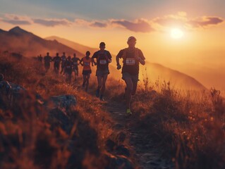 A group of runners are running on a trail with a beautiful sunset in the background. The runners are wearing different colored shirts and are all running at different paces