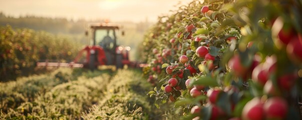 Automated harvesting equipment at work in an orchard, minimal natural background suitable for text