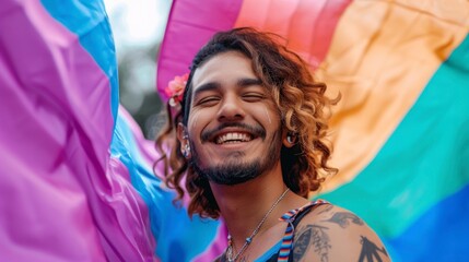 Latino brown man at a march supporting the LGBT community - obrazy, fototapety, plakaty
