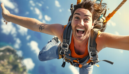 Obraz premium Man's thrill bungee jumping from hot-air balloon captures excitement, adventure, and adrenaline. With joyful expression, he embraces freefalling, embodying bravery, fearlessness in daring activity