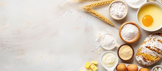 Easter bakery theme with a selection of baking essentials like sugar, butter, yogurt, eggs, and flour arranged from a top view, with empty space for text.