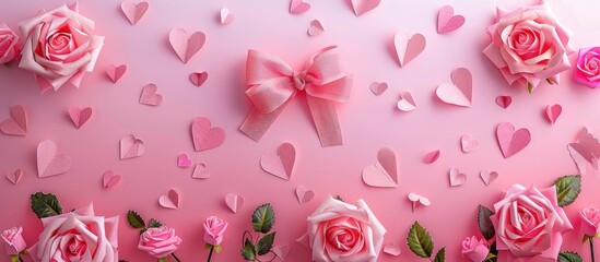 Background for Valentine's Day featuring pink roses, a bow, and paper hearts.