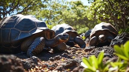 Sunlit Giants: A Group of Giant Tortoises Basking Under the Tropical Sun, Embodying Timeless Serenity in their Ancient Domain