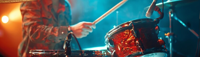 A drummer playing the drums on a stage with blue and orange lights.