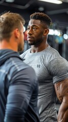 A muscular man in a gray shirt talking to another man in a blue shirt.