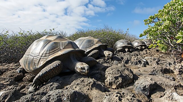 Sunlit Giants: A Group of Giant Tortoises Basking Under the Tropical Sun, Embodying Timeless Serenity in their Ancient Domain