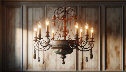 Vintage Rustic Chandelier Hanging From Wooden Wall - obrazy, fototapety, plakaty