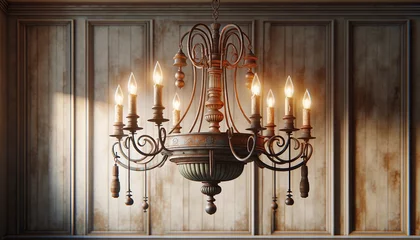 Fotobehang Vintage Rustic Chandelier Hanging From Wooden Wall © Nadtochiy