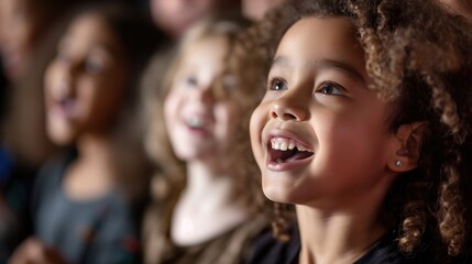 Obraz premium Portrait photo of diverse elementary school children singing in light music class