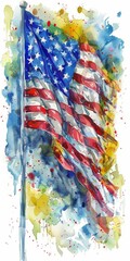 Vibrant watercolor illustration of American flag waving, splattered with festive colors symbolizing Fourth of July celebrations, patriotism, and freedom.