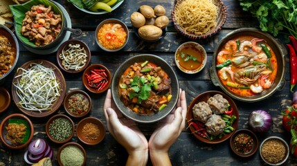 Vibrant Asian culinary feast with diverse dishes, hands presenting bowl of Mapo Tofu, surrounded by spices, noodles, and soup, evoking Lunar New Year celebration vibes.