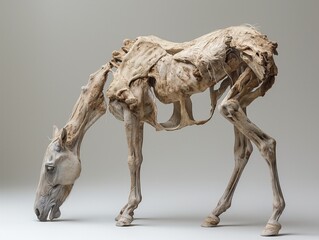 A skeleton horse is shown in a very detailed and realistic manner. Concept of sadness and loss, as the horse's bones are exposed and its body is in a state of decay