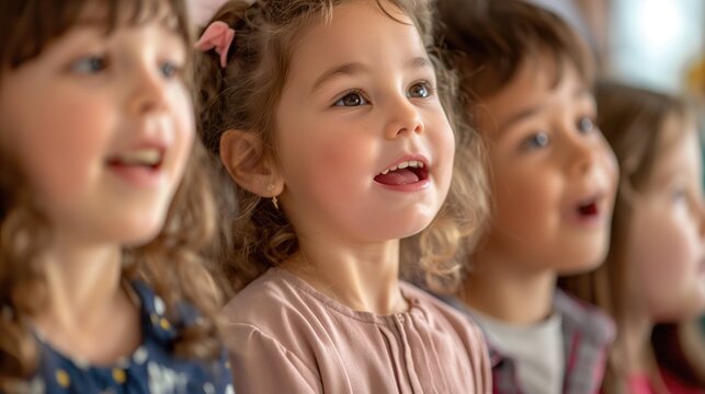 Portrait photo of diverse elementary school children singing in light music class