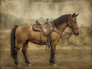 A brown horse is standing in a field with a saddle and bridle on - obrazy, fototapety, plakaty