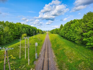 Tranquil railroad track cutting through a dense green forest under a clear blue sky with fluffy...