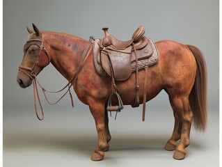 A brown horse with a brown saddle and a brown bridle. The horse is standing in front of a white wall