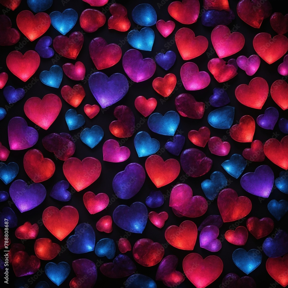 Poster multitude of colorful hearts fills entire frame, creating visually striking pattern that exudes warm