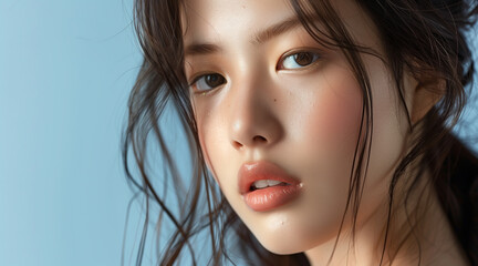Closeup studio portrait of a female Asian model with a smooth complexion. Skin care and cosmetics