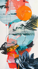 Iconic New Zealand themes collage abstraction illustration. Fern, coastline, beach, sea, map, vibrant, trendy