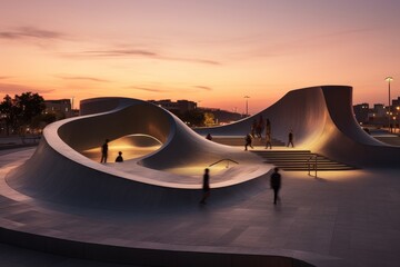A Vibrant Urban Skate Park at Sunset, Filled with Creative Obstacles and Skaters Performing Tricks...
