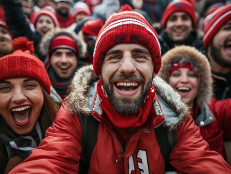 A group of people wearing red hats and jackets are smiling and laughing. The man in the center of the group is wearing a red jacket with the number 11 on it