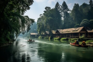 Obraz premium A Serene Forest River Rafting Station Nestled Amongst Lush Greenery, with Wooden Docks and Rafts Ready for Adventurous Souls