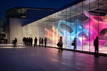 A Modern Art Gallery Illuminated at Night, Showcasing a Variety of Contemporary Artworks and Sculptures in a Vibrant Urban Setting