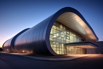 A Modern Aerodynamic Shape Wind Tunnel Facility Demonstrating the Science of Airflow and Fluid Dynamics in Building Design - obrazy, fototapety, plakaty