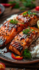 Beautiful presentation of Salmon Teriyaki, hyperrealistic food photography