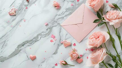 Capture the essence of Valentine s Day with a delightful composition featuring pink flowers a charming envelope and heart motifs set against a backdrop of elegant marble This picturesque fl