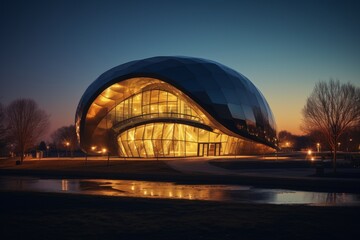 Obraz premium A Majestic Public Planetarium Illuminated Under the Starry Night Sky, Encircled by a Beautifully Landscaped Park