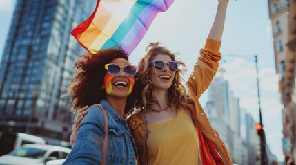 couple of women in an LGBT march supporting with LGBT flags