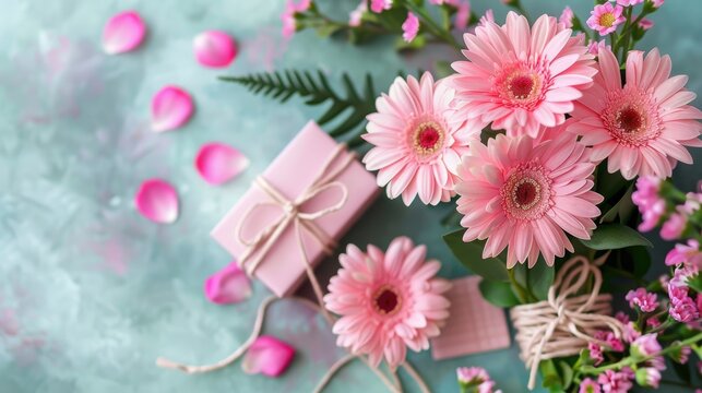 Pink flowers along with a gift and a card
