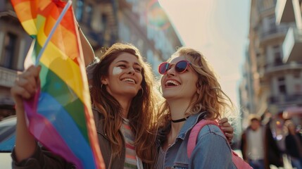 couples of women supporting an LGBT march in the street with flags with LGBT colors in high...
