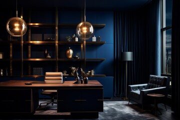 A Luxurious Director's Office Bathed in Midnight Blue Light, Showcasing a Blend of Modern and Classic Architecture