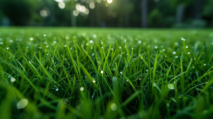 Closeup, grass and park with water drop, nature and green growth with outdoor dew. Lawn, meadow and environment for summer season, vibrant field and idyllic background with macro morning garden