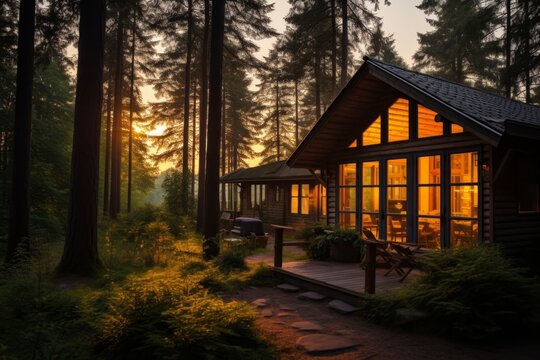 A quaint and cozy bungalow nestled amidst a serene cluster of towering pine trees, bathed in the soft glow of the setting sun