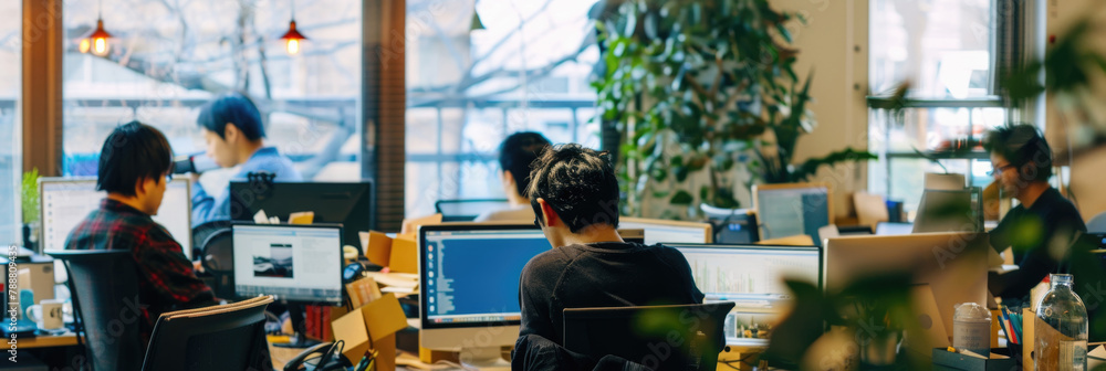Aufkleber multiple individuals seated at desks in an office space, focused on working on computers