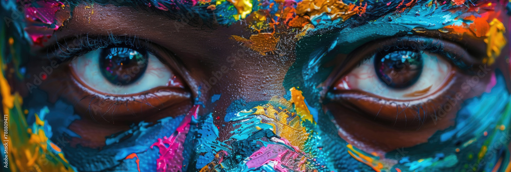 Poster a detailed view of a persons face completely covered in colorful paint, with intricate patterns and 