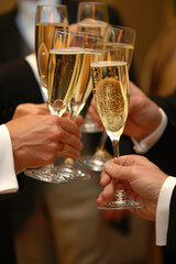 Diverse group of individuals celebrating with champagne glasses in hand at a social event or party