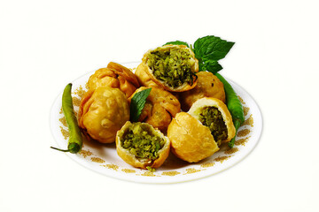 traditional indian gujarati food snack vegetable stuffed balls kachori,kachodi patties or samosa vada pakoda,white background,