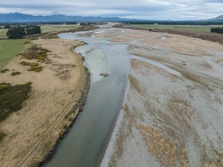 Aerial: Oreti River that flows from the Southern Alps, Mossburn, Southland, New Zealand.