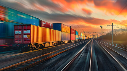 Highspeed freight train with vibrant intermodal containers, emphasizing swift delivery - obrazy, fototapety, plakaty