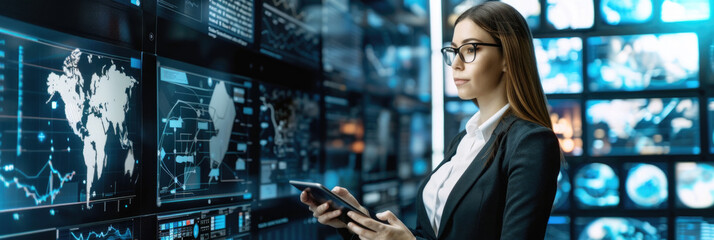 A focused businesswoman in a suit uses her smartphone amidst a backdrop of large screens displaying various global data