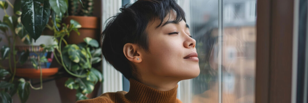 A woman gazes out of a window, with a potted plant in the background