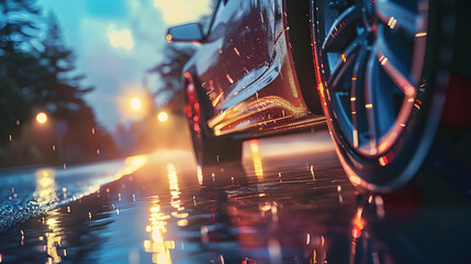 Close-up image of a car driving through a wet road after rain.