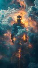 Mystical Fiery-Eyed Figure in Cosmic Clouds